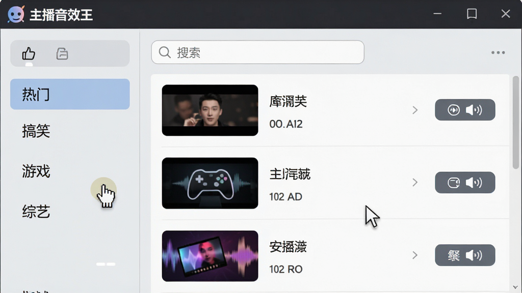 画面主体为“主播音效王”软件内音效库浏览界面,左侧分类栏显示“热门”“搞笑”“游戏”“综艺”等标签,右侧列表展示音效名称、时长与试听按钮,背景为浅灰色,整体排版清晰有序。风格简洁商务,细节包含搜索框高亮与鼠标悬停效果,画质干净,无多余元素