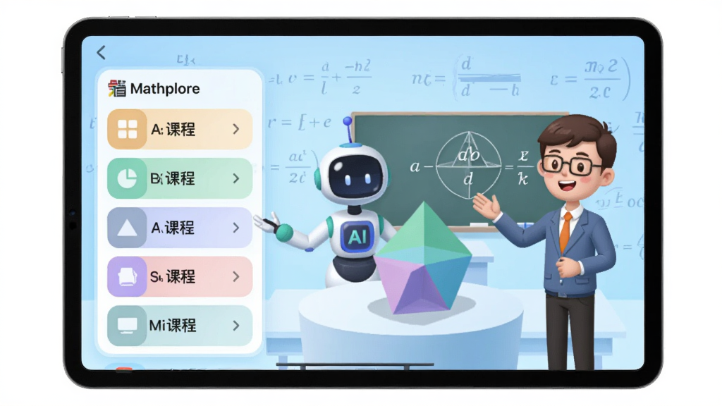 一张展示Mathplore应用在平板电脑上的完整界面全貌,界面左侧是色彩柔和的课程列表模块,右侧是一位卡通数学老师在AI助手的辅助下讲解几何图形的3D场景,背景是带有数学公式的浅蓝色渐变教室,整体画面明亮通透,教育科技感强烈,界面上的中文文字清晰可见,画质干净无多余元素