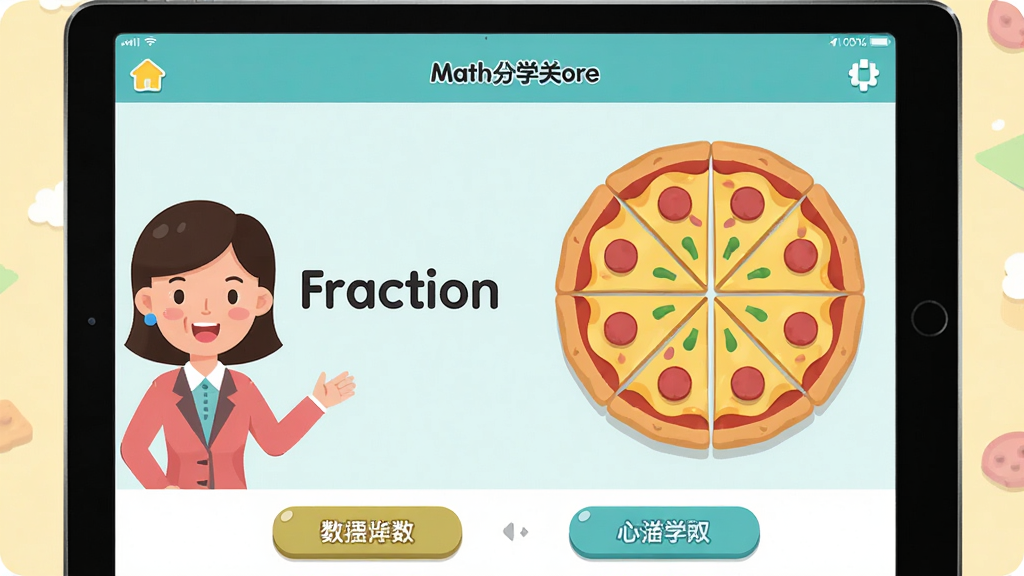 一张Mathplore应用内双语学习场景截图,主体是平板电脑屏幕上显示的“分数”教学关卡,左侧是卡通老师发音的英文单词“Fraction”,右侧是切成四份的披萨饼动画,整体布局扁平化风格,色彩轻快明亮,界面下方有中文提示按钮,画质清晰干净