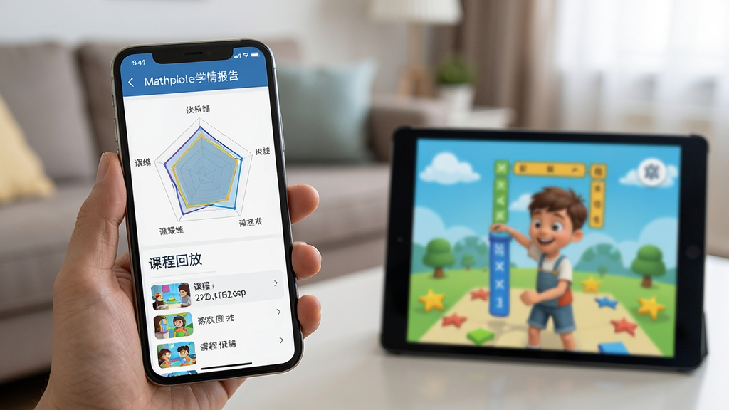 一张关于家长在手机上查看Mathplore学情报告的场景,主体是手机屏幕上的五维雷达图与课程回放列表,背景是模糊的客厅环境,旁边的平板电脑正显示着孩子完成的数学闯关动画,构图强调移动端监学的便捷性,画面清晰干净,聚焦于数据看板界面