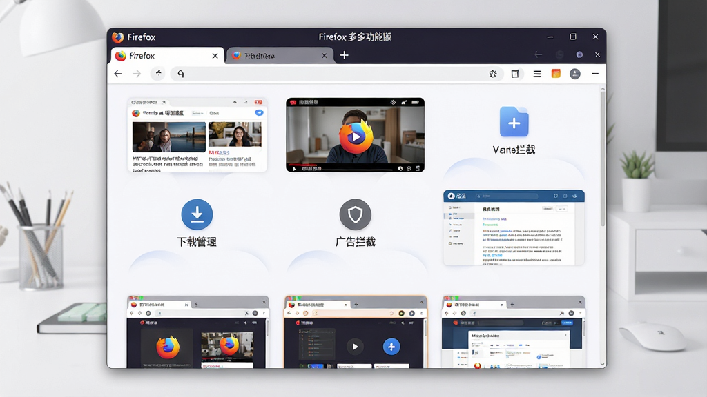 主体:Firefox 多功能版浏览器主界面展示,背景为现代简约风格桌面。布局:界面居中,顶部显示标签栏和地址栏,中间区域为精心编排的常用网站九宫格,下方展示几个打开的网页标签预览。排版:整体疏朗,图标清晰,色彩柔和,标签页呈圆弧形,地址栏右侧有扩展图标。风格:清新、专业,科技感强。细节:浏览器窗口边框有轻微的阴影,页面中多个标签页显示不同内容(新闻、视频、办公文档),其中“下载管理”和“广告拦截”图标高亮。画质:高清,干净,无多余元素。文字:“Firefox 多功能版”字样显示在浏览器标题栏。