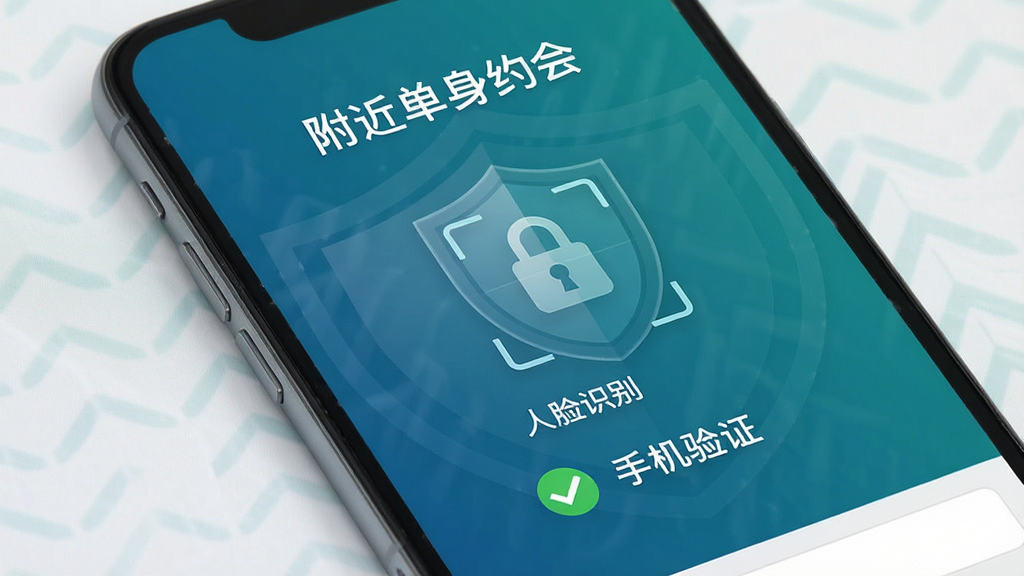 一张展示手机安全验证界面的高清图片,屏幕上显示“附近单身约会”的实名认证页面,有“人脸识别”与“手机验证”两个绿色勾选标识,背景为盾牌与锁的图标,整体风格简洁正式,蓝绿色调,专业感强,无多余元素。