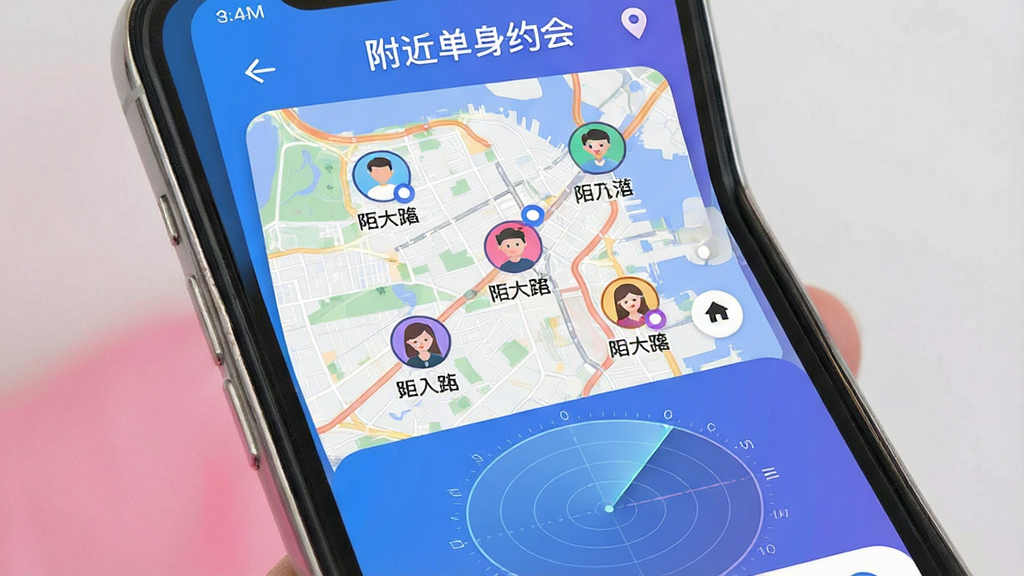 一张手机应用界面的概念图,屏幕中央显示城市地图与多个彩色用户头像圆点,每个头像下方标注距离,底部有雷达扫描动画效果,界面以蓝色和粉色为主色调,现代简约UI风格,高清晰度,无多余文字,突出“附近单身约会”软件名称与定位功能。