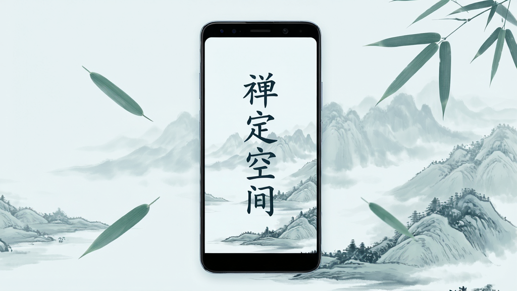 画面中央是一部亮屏的安卓手机,屏幕上显示“禅定空间”四个字,背景是淡雅的山水墨画,云雾缭绕,山峦叠嶂,手机周围漂浮着几片竹叶,整体色调清冷素净,构图居中,排版简洁,风格宁静致远,细节精致,画质高清干净,无多余元素