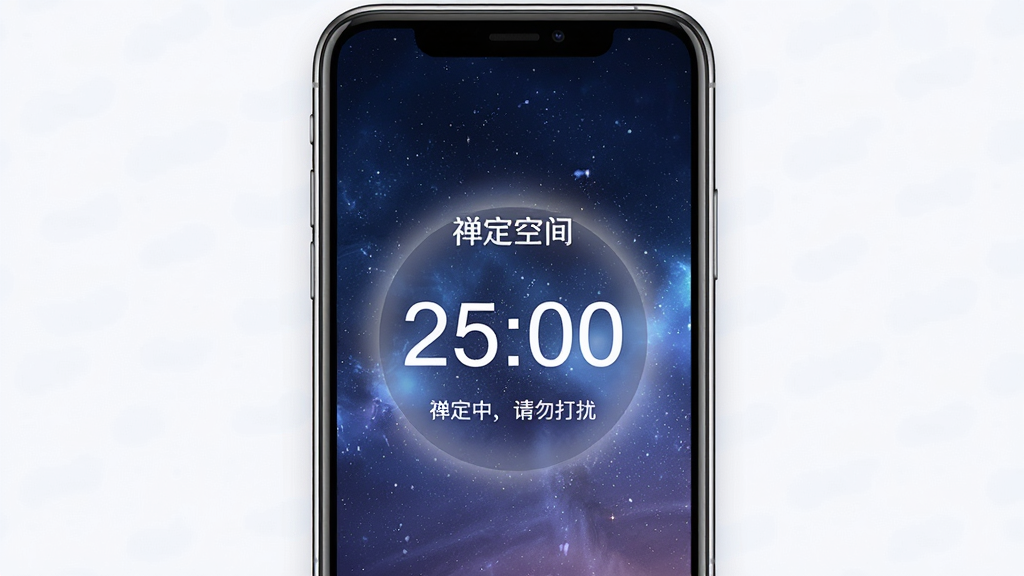 一部手机屏幕上显示“禅定空间”的倒计时界面,数字“25:00”居中,下方有“禅定中,请勿打扰”字样,背景是渐变蓝紫色星空,四周有微弱的光晕效果,构图对称,排版居中,风格宁静深邃,细节丰富,画质高清干净,无多余元素