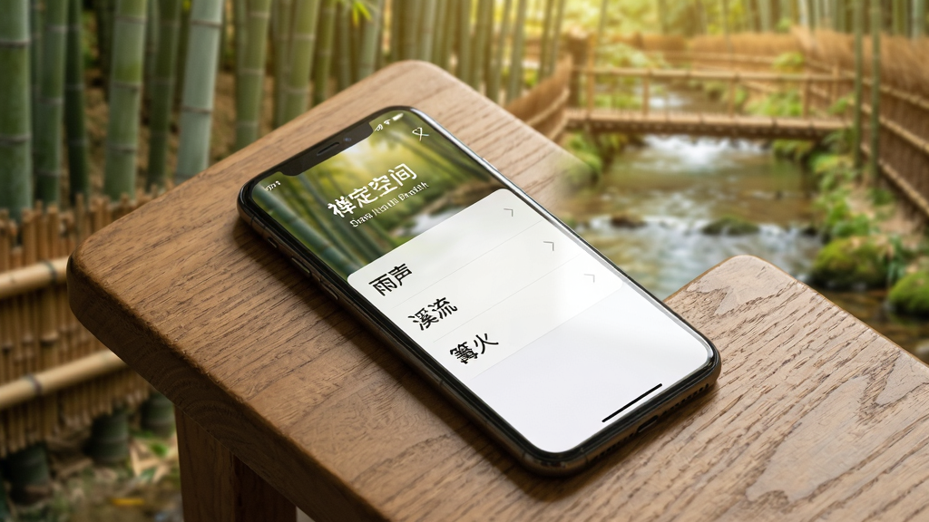 画面中一部手机平放在木桌上,屏幕上显示“禅定空间”的音频选择界面,列表中有“雨声”、“溪流”、“篝火”等选项,背景是模糊的竹林和溪流实景,色调温暖柔和,构图采用俯视角度,排版清晰,风格自然清新,细节饱满,画质干净,无多余元素