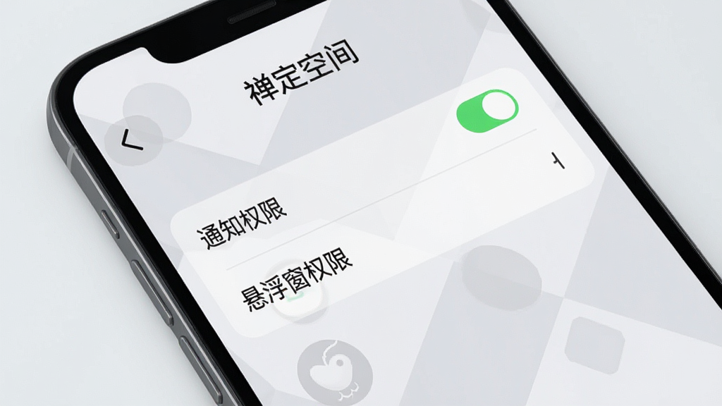 手机屏幕显示“禅定空间”的设置页面,有“通知权限”、“悬浮窗权限”等选项,背景是淡雅的灰色几何图形,构图简洁,排版清晰,风格现代,细节明了,画质干净
