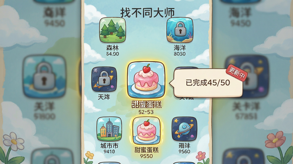 主体:一张“找不同大师”游戏关卡选择地图,地图上分布着多个小图标,每个图标代表一个主题关卡包,例如森林、海洋、城市、太空。布局:竖屏展示,地图从上到下滚动,当前选中的关卡包在中央放大显示,四周有未解锁的锁头标识。排版:图标排列错落有致,每个图标下方标注主题名称和关卡数量。风格:清新手绘风,色彩柔和,地图背景有淡淡的云朵和花草装饰。细节:其中一个“甜蜜蛋糕”主题包被高亮,弹出窗口显示“已完成45/50”,旁边有“更新中”的红色小标签。画质:高清细腻,干净整洁,无多余UI元素。