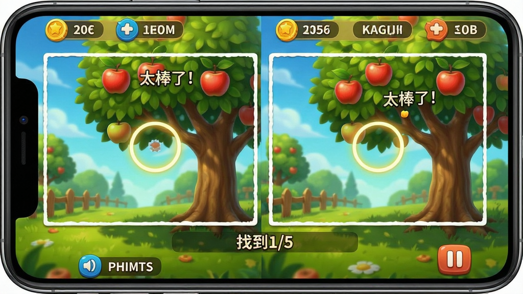主体:一款名为“找不同大师”的手机游戏界面,屏幕中央展示两幅几乎相同的彩色风景图片,画面中有一处微小的差异被光圈高亮标记,屏幕下方有“找到1/5”的进度提示。布局:手机竖屏全屏显示,游戏UI简洁,顶部有金币和关卡编号,底部有提示与暂停按钮。排版:左右两幅图并排,差异点位置清晰,整体视觉平衡。风格:卡通写实混合,色彩鲜艳明快,人物和场景细节丰富。细节:画面中有一棵苹果树,其中一幅图的树上有三颗苹果,另一幅只有两颗,光圈圈住缺失的苹果位置,同时屏幕上飘着“太棒了!”的鼓励文字。画质:高清渲染,干净无多余元素,无UI遮挡。