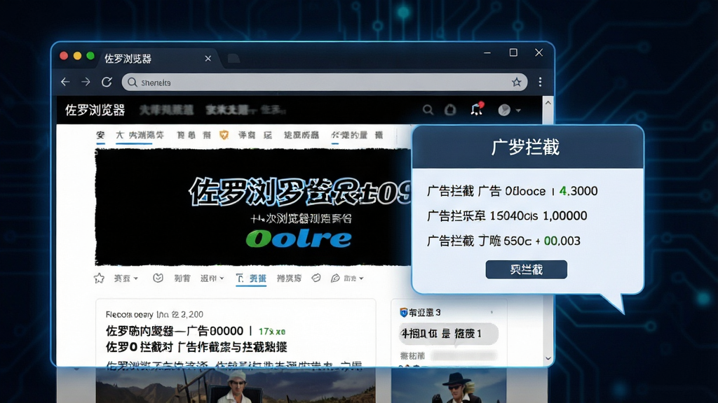 佐罗浏览器界面特写,屏幕左侧显示一个广告密布的网页,右侧弹出佐罗浏览器的拦截提示气泡,气泡内列出已拦截的广告数量,背景为深色科技感渐变,浏览器窗口边缘发光,整体风格简洁现代,突出“广告拦截”功能,画质清晰,无多余元素,文字标识“佐罗浏览器”