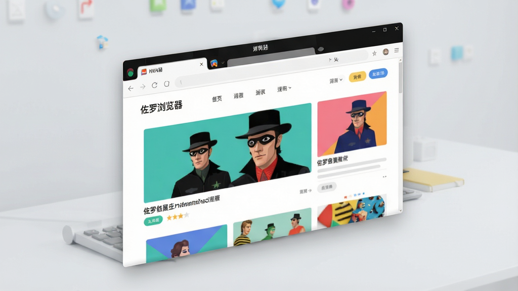 一张现代简约风格的电脑桌面截图,画面中央是佐罗浏览器的主界面,浏览器窗口采用无边框设计,顶部有简洁的地址栏和标签页,页面展示一个色彩清新的新闻门户网站,整体布局干净明亮,背景为浅灰色桌面,浏览器窗口微微倾斜,突出立体感,画质细腻,光线柔和,无多余元素,文字标签显示“佐罗浏览器”