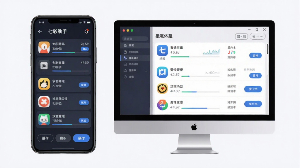七彩助手应用管理功能预览图,主体为手机屏幕与电脑窗口,布局采用列表形式,展示多款应用图标与版本号,排版规整有序,风格清新商务,细节包括进度条与操作按钮,画面干净无多余元素