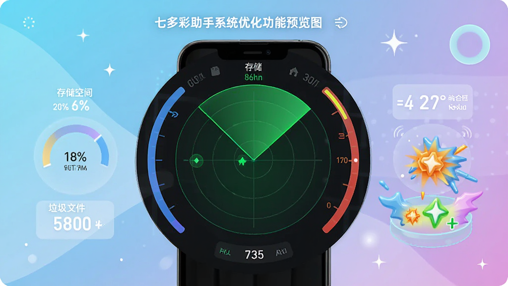 七彩助手系统优化功能预览图,主体为手机雷达扫描界面与清理动画,布局中心对称,排版为环形仪表盘风格,风格简洁明亮,细节包括存储空间占比与垃圾文件数量标注,画质高清干净无多余元素