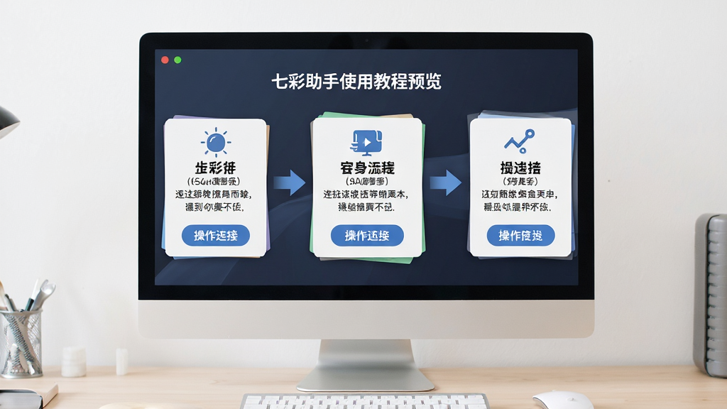 七彩助手使用教程预览图,主体为电脑屏幕显示连接步骤,布局以步骤流程形式呈现,排版清晰直观,风格简洁教学感,细节包括箭头指引与操作按钮,画质高清干净