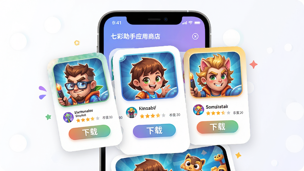 七彩助手应用商店界面预览图,主体为手机屏幕展示热门游戏推荐,布局为卡片式滑动,排版错落有致,风格活泼明快,细节包括下载按钮与评分星级,画质高清干净