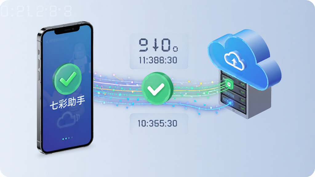 七彩助手数据备份功能预览图,主体为手机与云端服务器数据交互,布局采用上下流动线条,排版突出数据流向,风格科技感强,细节包括备份完成对勾与时间戳,画质清晰干净无多余元素