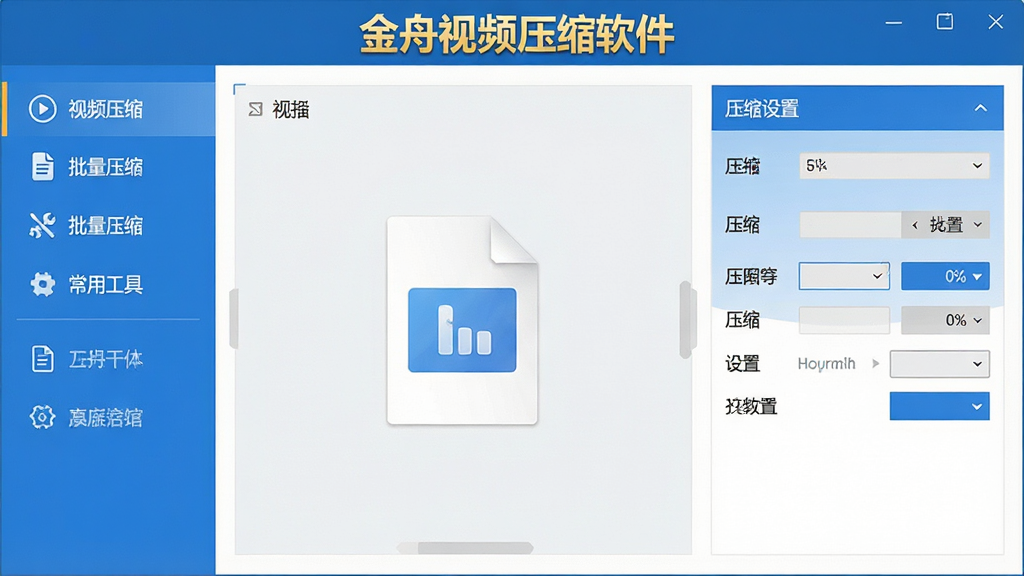 一张金舟视频压缩软件的完整界面截图,界面左侧为功能导航栏,包含“视频压缩”“批量压缩”“常用工具”等标签,右侧为文件拖拽区域与压缩设置面板,整体风格简洁明亮,主色调为蓝色与白色,软件名称“金舟视频压缩软件”以金色字体在顶部居中显示,画质清晰,UI布局规整,无多余元素,干净清爽。