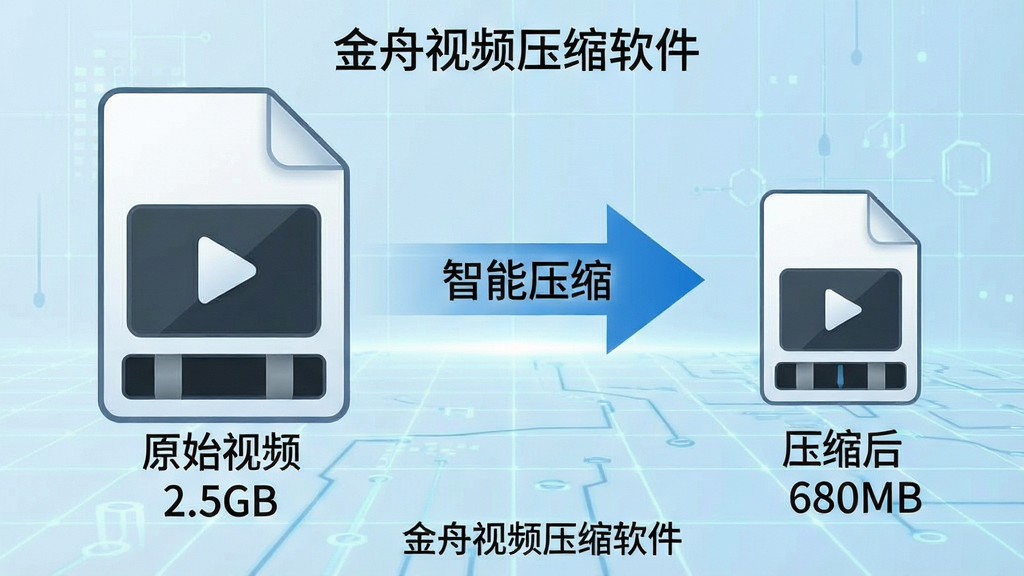 一张展示压缩前与压缩后文件体积对比的示意图,左侧为一个巨大的视频文件图标,下方标注“原始视频 2.5GB”,右侧为一个较小的压缩文件图标,下方标注“压缩后 680MB”,两个图标之间用箭头连接,箭头中央显示“智能压缩”字样,背景为淡蓝色科技网格,整体风格专业清晰,包含“金舟视频压缩软件”字样,画质干净,无多余元素。