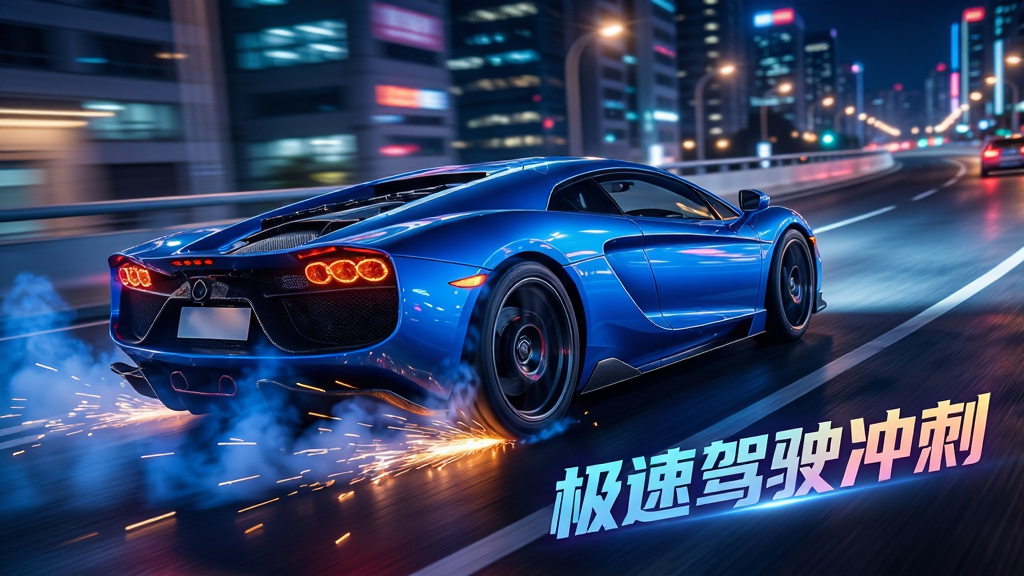 主体:一辆蓝色的超级跑车在霓虹闪烁的都市高架桥上疾驰,轮胎与地面摩擦产生大量火花与蓝色烟雾,背景是模糊的城市光影;布局:跑车位于画面中央偏左,向右前方冲刺,车头扬起,强调速度感;排版:画面右下角有艺术字体“极速驾驶冲刺”字样,字体带渐变发光效果;风格:写实3D渲染,高饱和度色彩,充满动感与冲击力;细节:车身反光细腻,轮胎纹理清晰,背景建筑与灯光有动态模糊效果,火花四溅;画质:8K超清,光线追踪,画质细腻干净,无多余元素。