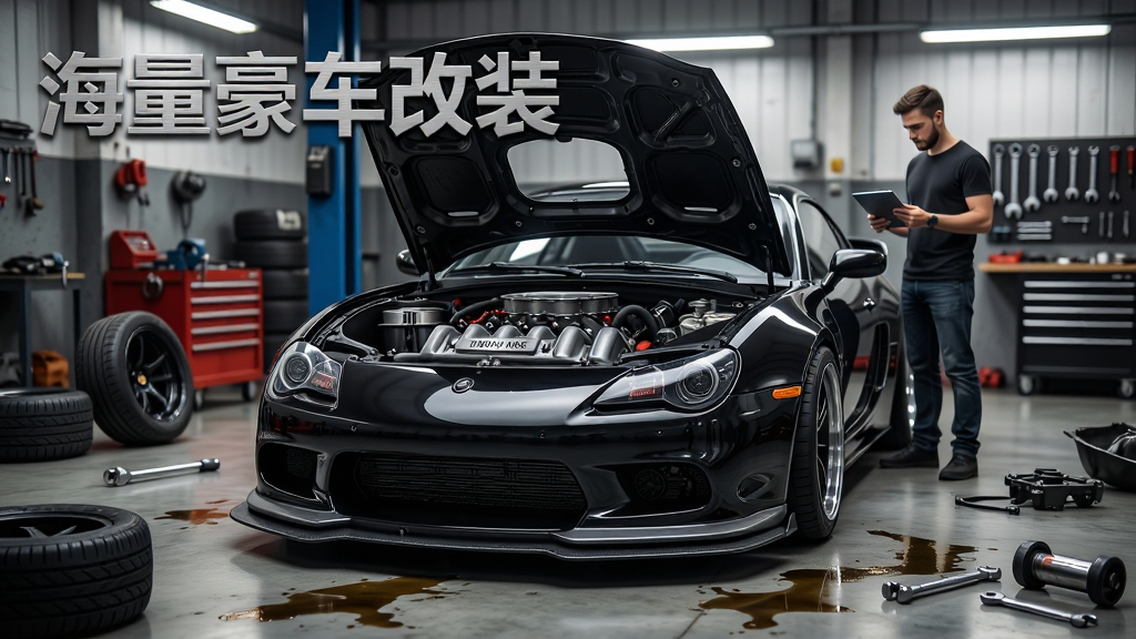主体:一辆改装后的黑色跑车停在充满工业感的改装车间内,引擎盖打开,内部机械结构外露,周围有轮胎、工具与零件;布局:跑车位于画面中央,车头朝向镜头,改装工人站在车旁拿着平板电脑;排版:画面左上角有“海量豪车改装”字样,字体为银色金属拉丝质感;风格:写实风格,微距摄影感,突出机械美学;细节:发动机缸体上的铭牌清晰可见,灯光从上方洒下,地面有油渍反光,工具摆放整齐;画质:8K超清,细节丰富,画面干净无多余元素。