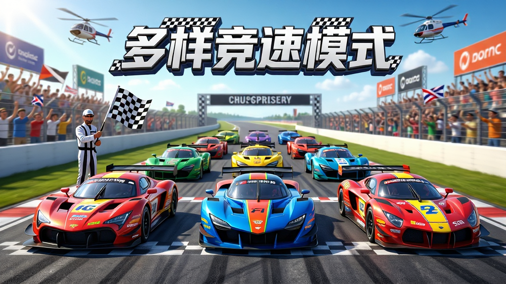 主体:多辆不同颜色的赛车在宽阔的赛道上并排起步,旗手挥动黑白格旗,赛道两侧有观众与广告牌;布局:赛车从画面底部向远处延伸,形成纵深感,起点线位于画面中央;排版:画面顶部中央有“多样竞速模式”立体字样,字体带有赛道条纹装饰;风格:明亮欢快的写实风格,色彩鲜艳;细节:每辆赛车的型号与涂装清晰可辨,观众挥舞旗帜,天空有直升机盘旋,赛道上的橡胶颗粒清晰可见;画质:超高清,光线充足,画面干净无多余元素。