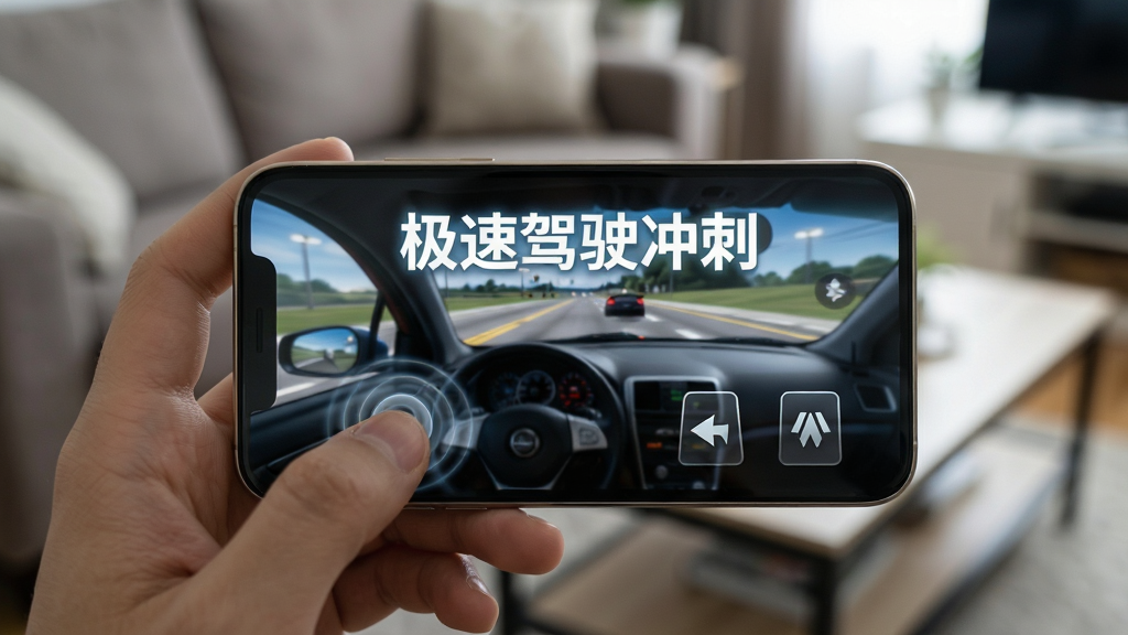 主体:一部智能手机横屏握在手中,屏幕显示《极速驾驶冲刺》的驾驶画面,另一只手触碰屏幕上的虚拟按键;布局:手机位于画面中央,屏幕正面朝向镜头,背景是模糊的客厅环境;排版:屏幕内显示“极速驾驶冲刺”的游戏标题,字体为白色发光体;风格:写实摄影风格,光线柔和;细节:手机边框金属质感,屏幕玻璃反光自然,手指与屏幕接触处有触控波纹,背景中有沙发与茶几轮廓;画质:高清,景深效果自然,画面干净无多余元素。