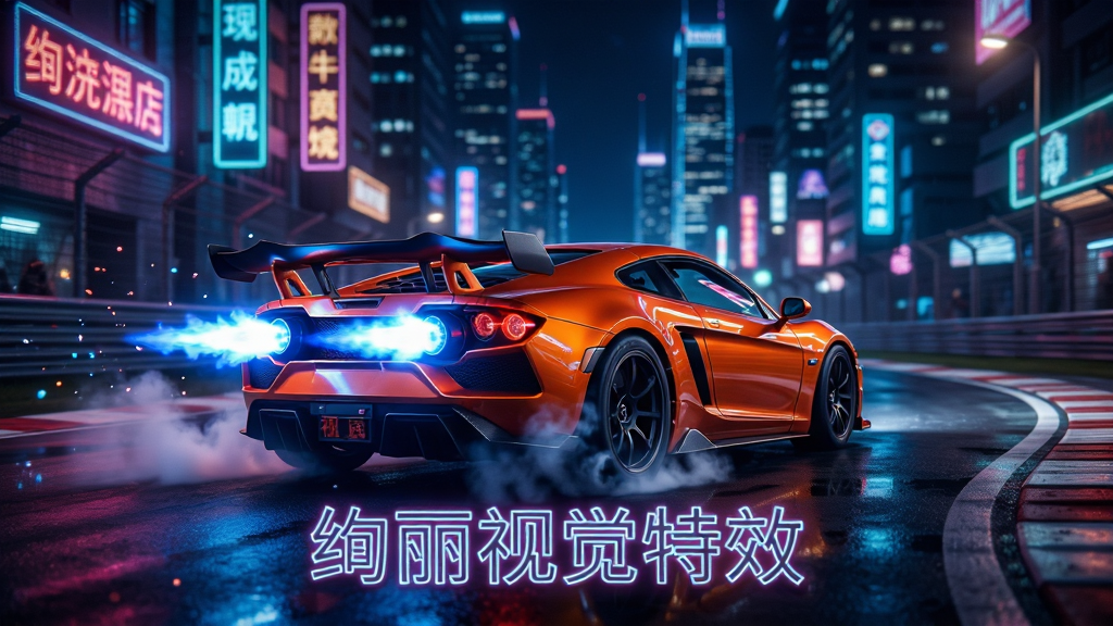 主体:一辆橙色跑车在夜晚城市赛道中开启氮气加速,车尾喷出蓝色火焰,背景是流光溢彩的霓虹灯与摩天大楼;布局:跑车位于画面中央偏下,车尾朝向镜头,火焰呈喷射状;排版:画面底部中央有“绚丽视觉特效”字样,字体为霓虹发光效果;风格:赛博朋克风格,高对比度,色彩浓郁;细节:地面湿润有倒影,霓虹灯牌上的文字隐约可见,粒子效果丰富,轮胎冒烟;画质:4K超清,光晕效果柔和,画面干净无多余元素。