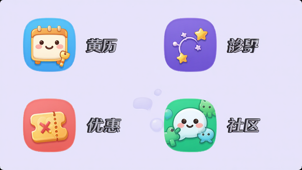 “我好运”应用功能列表界面,展示“黄历”、“星座”、“优惠”、“社区”四个主要模块图标,每个图标下方有文字标注,背景为浅紫色,图标设计圆润可爱,色彩明亮,布局均匀,画质清晰,无多余元素