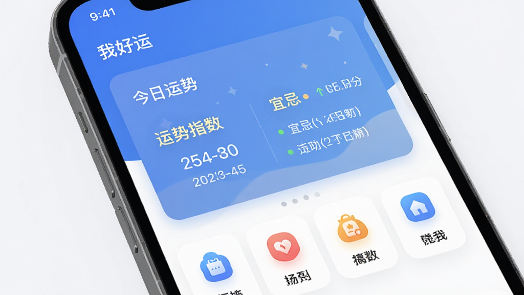软件主界面展示,手机屏幕内显示“我好运”应用首页,顶部有“今日运势”卡片,背景为温馨的渐变蓝色,界面布局清晰,包含日期、运势指数、宜忌事项,下方有功能图标排列,整体风格简约现代,画质高清,干净无多余元素