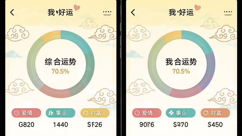 “我好运”应用运势详情页截图,展示综合运势评分环形图,下方列出爱情、事业、财富分项数据,页面背景为淡黄色,配有云纹装饰,文字清晰,排版整齐,界面美观,画质高清