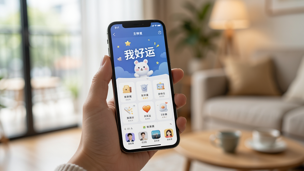 用户使用“我好运”应用的场景图,一只手拿着手机,手机屏幕显示应用主界面,背景为模糊的室内环境,光线柔和,突出手机屏幕内容,构图清晰,画质高清