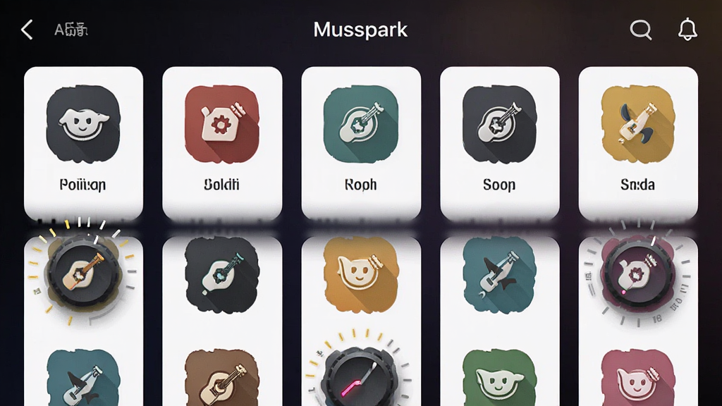 一张界面截图风格图片,主体为Musspark App内的风格选择界面,以卡片形式排列着流行、摇滚、民谣等风格图标,背景为深色渐变,布局采用整齐的网格排版,风格为现代UI设计感,细节突出“实时调音”的旋钮图标,画质清晰,无多余元素。