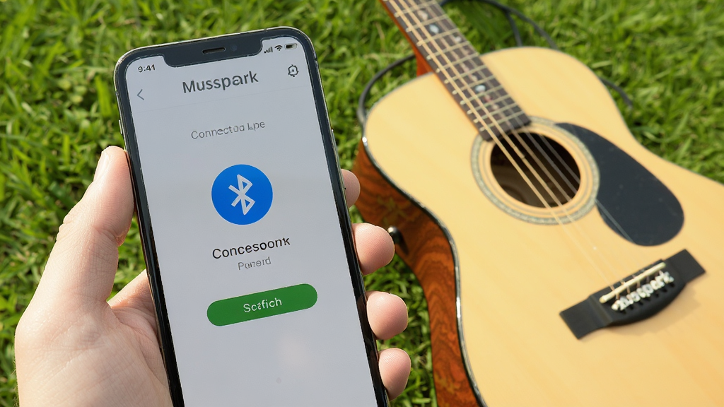 一张移动端使用场景图,主体是一只手拿着手机,屏幕显示Musspark App的连接成功界面,旁边放着Musspark吉他,背景为户外草地,布局为近景特写,风格为实拍风格,细节突出蓝牙连接图标,画质清晰明亮,无多余元素。