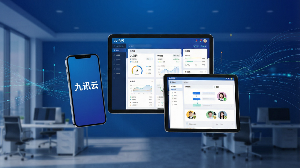 一张展示九讯云软件核心界面的高清概念图,画面主体为悬浮在现代化办公室上空的智能手机和平板电脑,屏幕中清晰显示“九讯云”三个字及简洁的仪表盘、审批流程和团队头像,布局错落有致,背景采用深蓝色科技感渐变与流动的数据线条,整体风格偏向商务科技感,细节丰富,画质细腻干净,无多余元素。