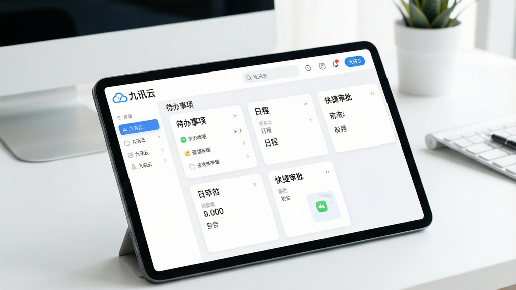 一张九讯云软件“一站式工作台”功能预览图,主体是九讯云App在平板上的界面特写,界面采用卡片式布局,清晰展示“九讯云”品牌标识及待办事项、日程、快捷审批等模块,背景为明亮的现代简约办公桌面,风格干净整洁,突出软件界面的流畅线条与扁平化设计细节,画质高清,无多余杂物。