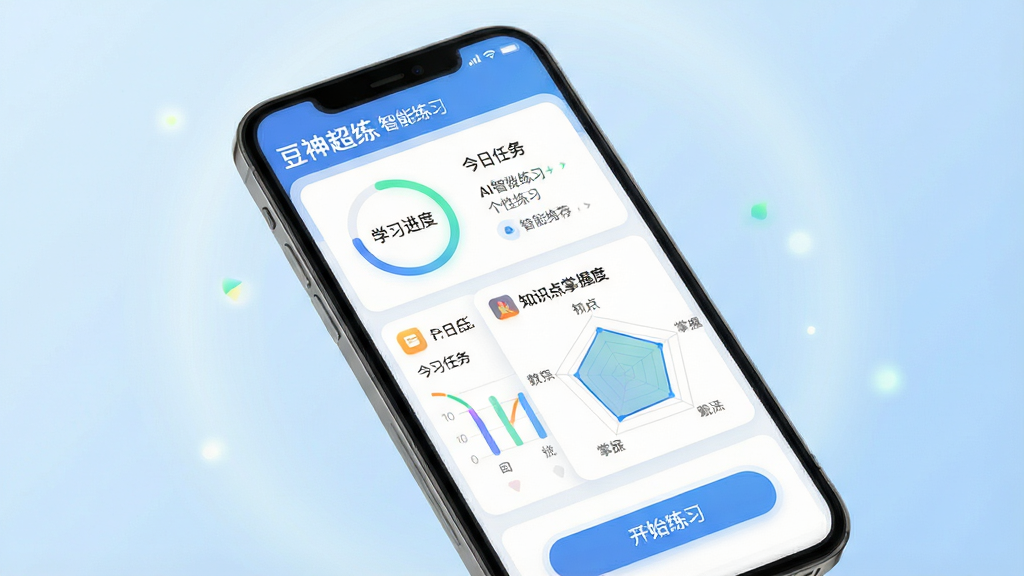 一张展示豆神超练软件核心全貌的预览图,主体为手机屏幕界面,屏幕内显示AI智能练习的个性化推荐页面,包含学习进度环、今日任务卡片、知识点掌握度雷达图。布局采用居中构图,手机略微倾斜,背景为浅蓝色渐变,带有柔和的光晕。排版清晰,界面元素有圆角卡片、彩色图标,文字标签如“豆神超练”和“智能练习”清晰可见。风格现代简约、教育科技感,细节包括界面上的数据图表和开始练习按钮,画质高清干净,无多余元素。