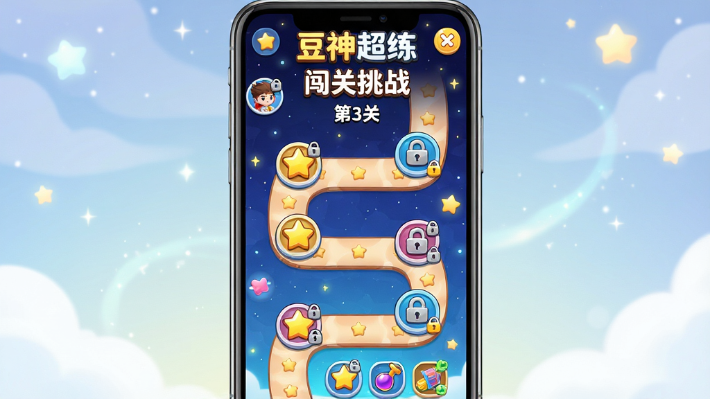 豆神超练趣味闯关练习界面预览图,主体为手机屏幕显示关卡地图页面,道路上有多个关卡图标,每个图标上有星星和锁标识。布局为纵向延伸的地图风格,背景为星空夜色,风格卡通梦幻。界面文字有“豆神超练”“闯关挑战”“第3关”,色彩明亮丰富,细节包括角色头像和道具图标,画质高清,无多余元素。