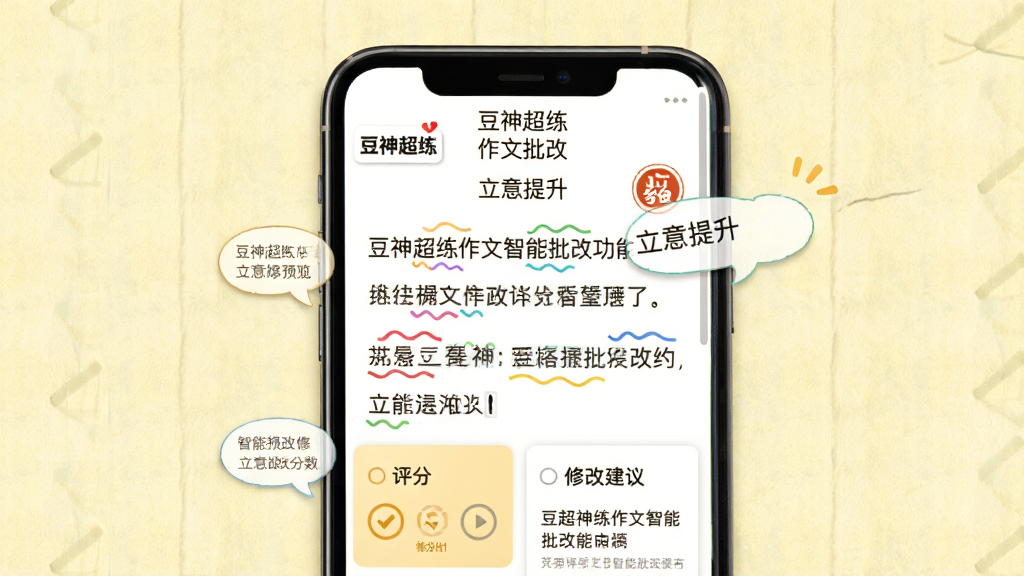 豆神超练作文智能批改功能预览图,主体为手机屏幕展示作文批改结果,界面顶部显示作文题目,正文中不同句子下用彩色波浪线标注,底部有评分与修改建议卡片。布局为上下结构,背景为淡黄色纸张纹理,风格柔和清新。界面文字包括“豆神超练”“作文批改”“立意提升”,细节有批注气泡和分数圆圈,画质清晰,无多余元素。