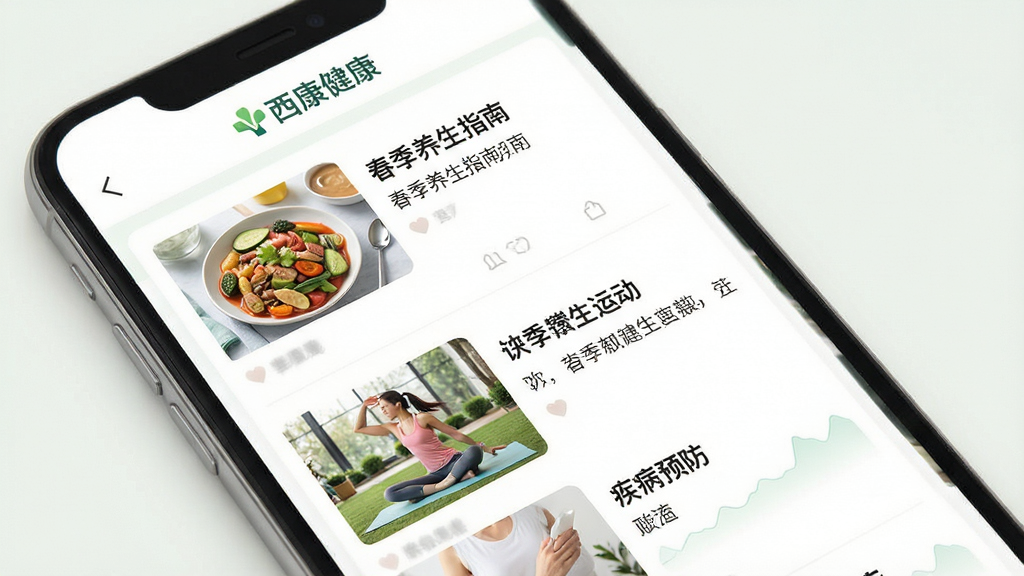 主体:西康健康APP的健康资讯页面,展示文章列表配图,包括饮食、运动、疾病预防等主题。布局:列表式布局,图文并茂,每篇文章有缩略图和标题。排版:干净整洁,阅读舒适。风格:清新自然,配图色彩柔和。细节:页面顶部有“西康健康”Logo,文章标题如“春季养生指南”等。画质:高清,干净,无多余元素。