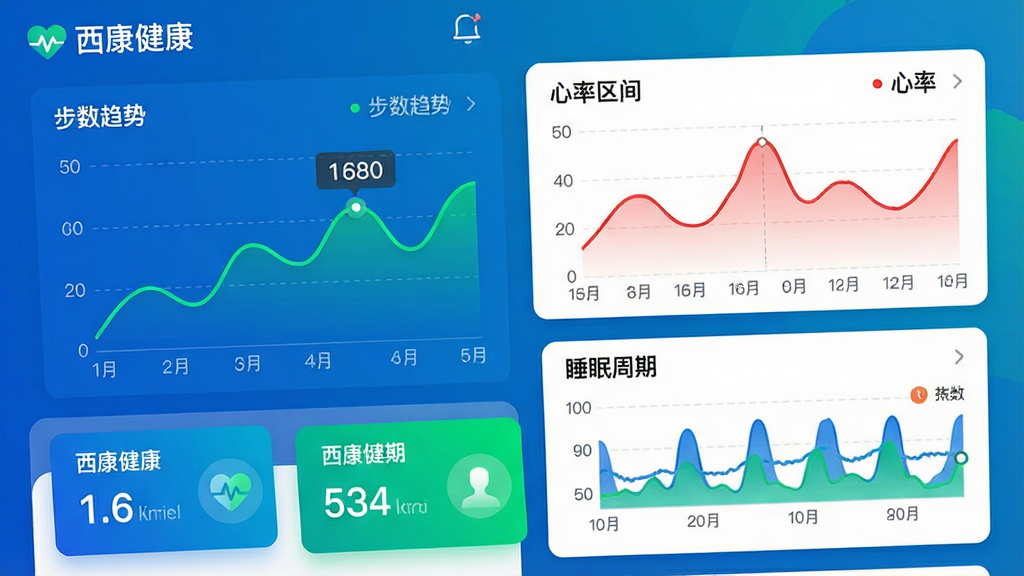 主体:西康健康APP的健康数据追踪功能界面,展示步数统计折线图、心率曲线、睡眠周期图。布局:图表占据主视觉,底部有数据卡片。排版:数据可视化,清晰易读。风格:科技蓝与活力绿配色。细节:图中标注“西康健康”品牌名,显示“步数趋势”、“心率区间”等文字。画质:高清,干净,无多余元素。