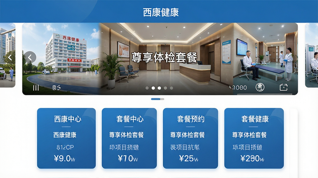 主体:西康健康APP的体检预约界面,展示体检中心环境图片及套餐详情列表。布局:上方为医院照片轮播,下方为套餐卡片信息。排版:信息结构化,价格与项目清晰。风格:简约商务风,蓝色主调。细节:屏幕中有“西康健康”字样,以及“尊享体检套餐”文字。画质:高清,干净,无多余元素。