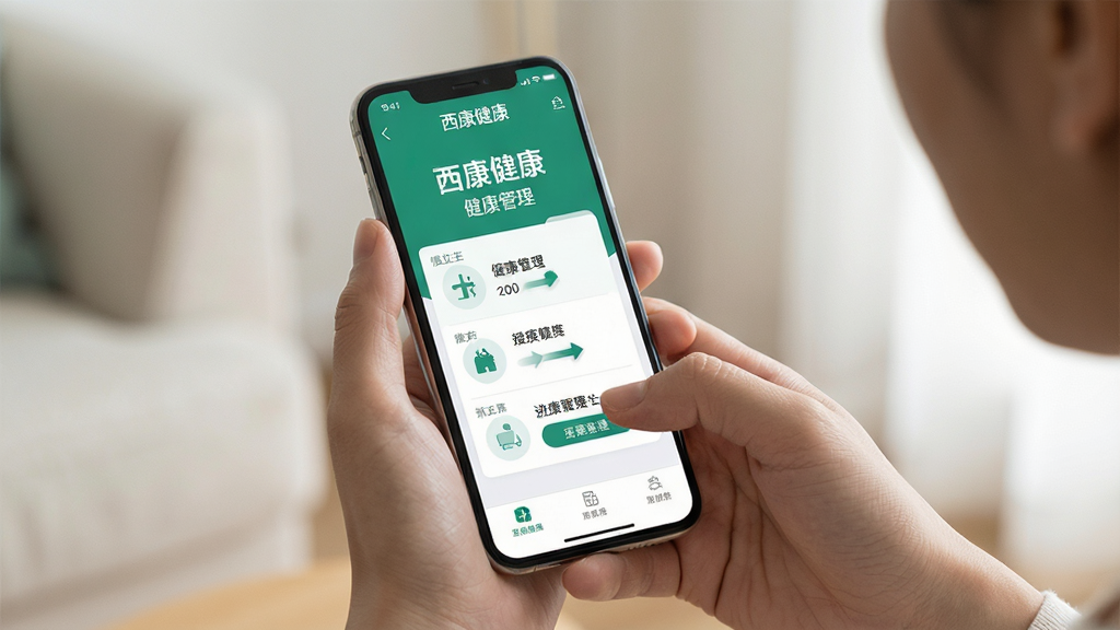 主体:用户手持手机使用西康健康APP,界面显示健康管理主菜单。布局:人物手部特写,手机屏幕清晰可见,背景简洁。排版:突出手机界面,操作指引直观。风格:生活化场景,自然光线。细节:手机屏幕上有“西康健康”及“健康管理”字样,人物动作自然。画质:高清,干净,无多余元素。