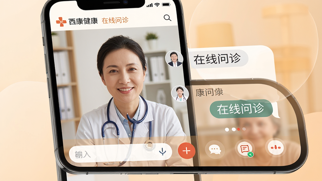 主体:西康健康APP的在线问诊功能,医生通过视频通话与患者交流,屏幕中显示医生头像和对话框。布局:手机屏幕展示视频问诊画面,下方有输入框和功能按钮。排版:简洁直观,突出沟通界面。风格:专业且温馨,使用暖色调。细节:屏幕内有“西康健康”标识及“在线问诊”字样。画质:高清,画面干净,无多余元素。