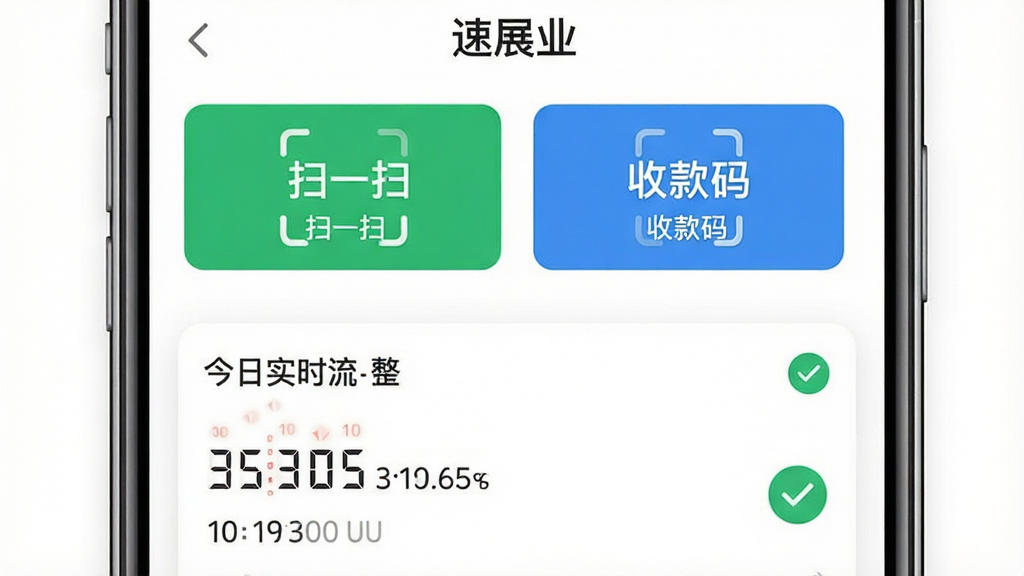 չʾ����չҵ���ֻ�App���棬����Ϊ�ۺ��տ�ҳ�棬�ϰ벿������Ŀ����ɫ��ɨһɨ������ɫ���տ��롱���ܰ�ť���°벿���ǽ���ʵʱ��ˮ������壬���ֲ������·����ṹ���Ű���빤��������ƽ����ƣ�ϸ�ڰ�����������Ч����֧���ɹ��Թ�ͼ�꣬���ʸ��壬�ɾ��޶���Ԫ��