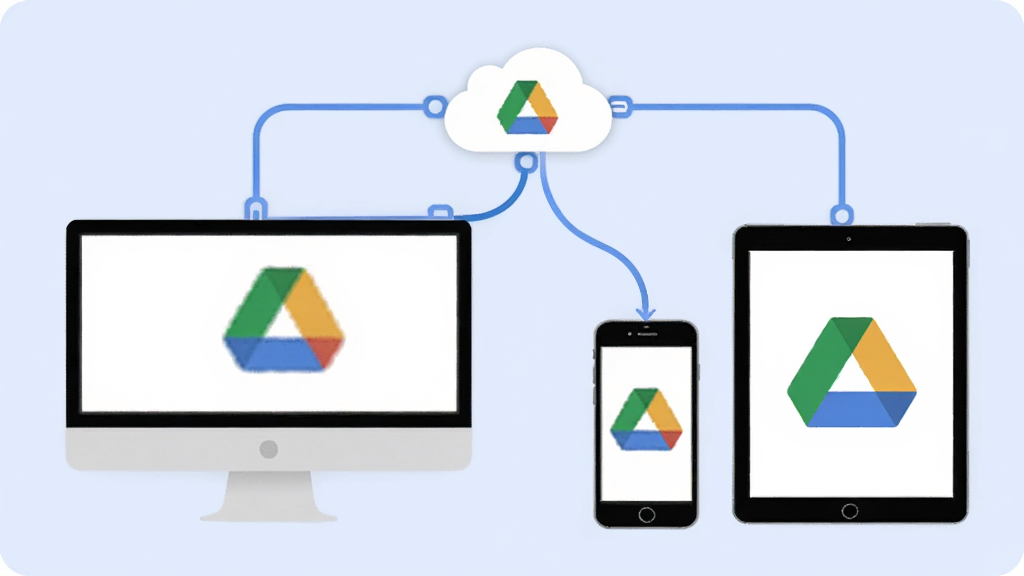 Google Drive多设备同步示意图,电脑、手机、平板与云端互联,线条流畅,图标简洁,背景浅蓝,风格科技感,画质干净,无多余元素