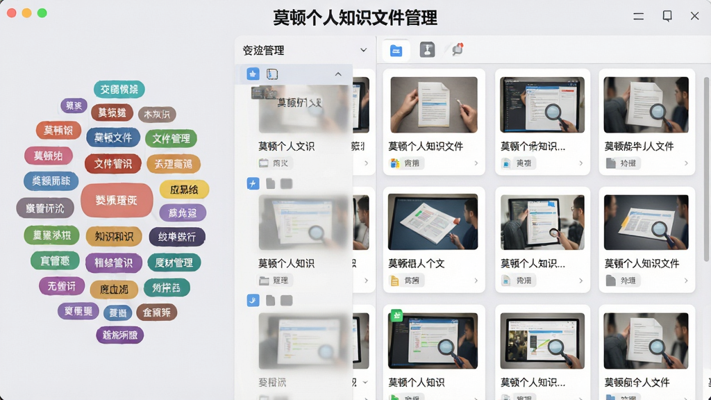 主体:莫顿个人知识文件管理软件运行界面,左侧为彩色标签云,右侧为按标签自动归类的文件列表。布局:左右结构,左侧标签云占三分之一,右侧文件卡片占三分之二。排版:界面顶部有“莫顿个人知识文件管理”标识,标签云颜色各异,文件卡片显示缩略图。风格:现代商务风,界面柔和,浅灰背景。细节:标签云中文字可辨,文件卡片排列整齐,画质高清,干净,无多余元素。