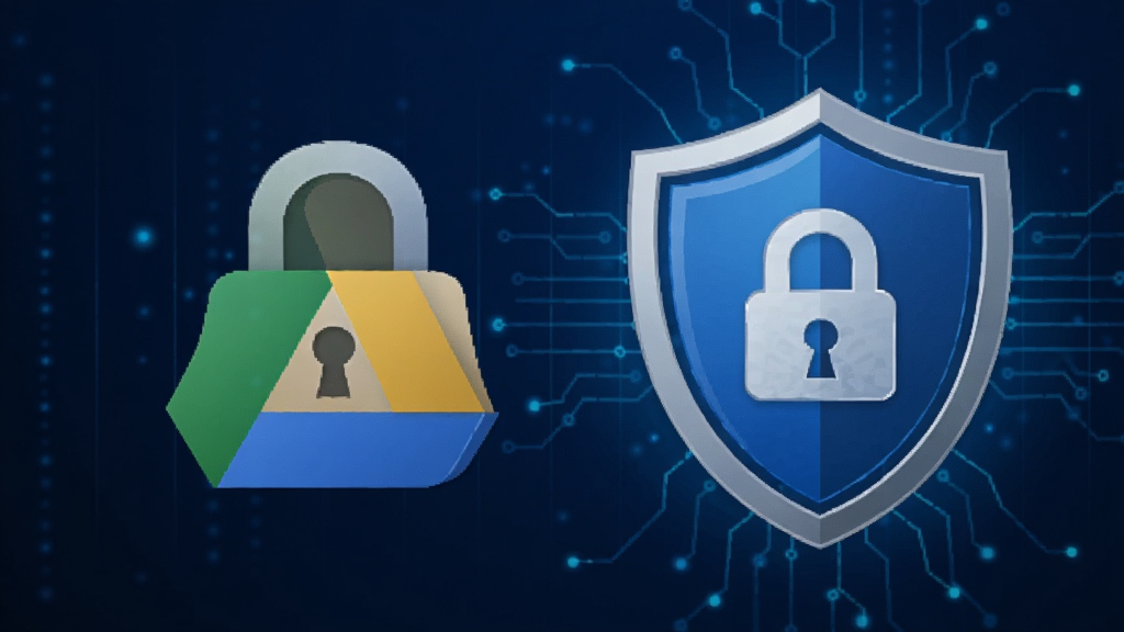 Google Drive安全防护界面,锁形图标与加密标识,深蓝背景,科技感强,盾牌图形,细节丰富,画质干净,无多余元素