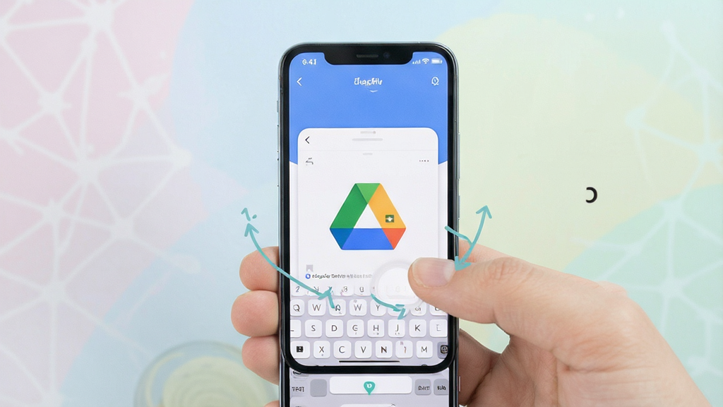 Google Drive手机端使用教程,滑动屏幕操作界面,背景淡雅,手机模型展示,步骤清晰,风格简洁,画质干净,无多余元素