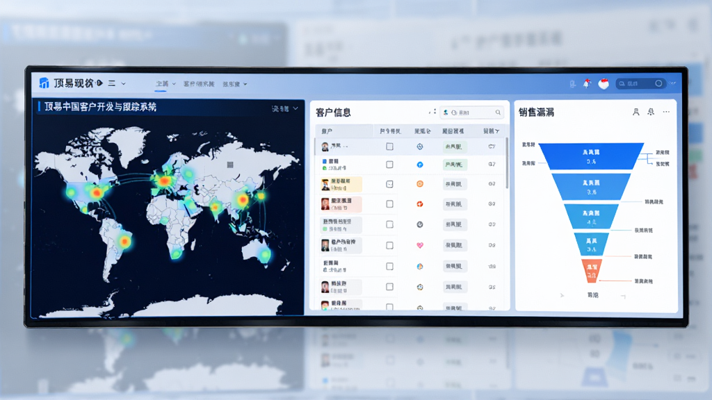主视觉展示顶易中国客户开发与跟踪系统界面,左侧为全球地图数据分布热点,中间是客户信息列表与跟进看板,右侧为销售漏斗图表,整体采用蓝白科技风格,界面简洁现代,大屏监控感,画质清晰干净,无多余元素
