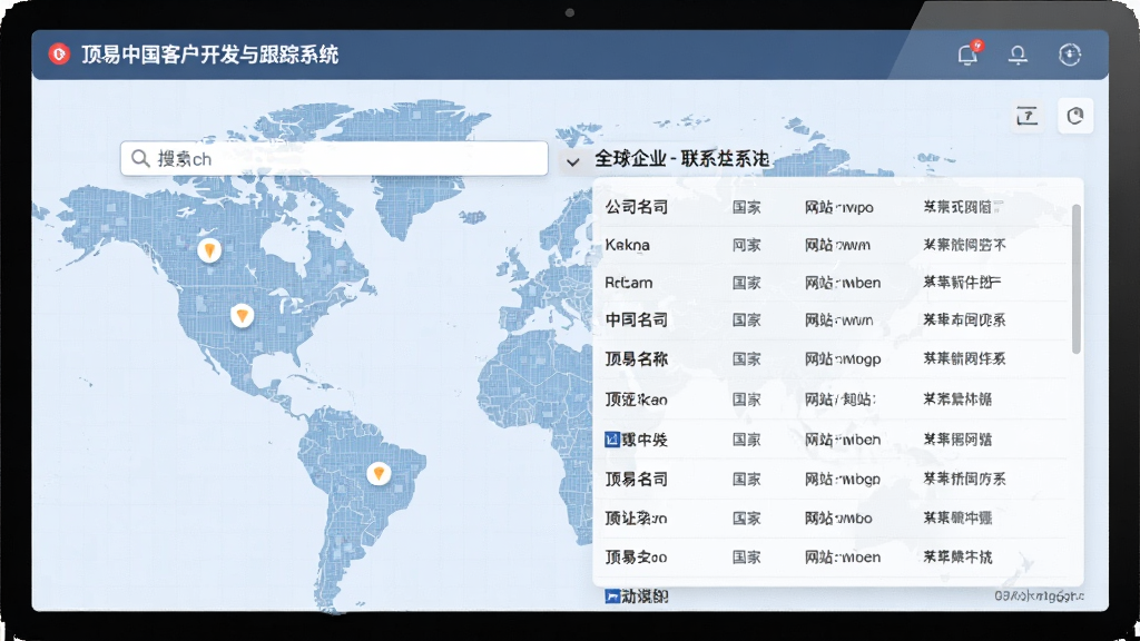 展示顶易中国客户开发与跟踪系统的搜索界面,搜索框输入关键词后,右侧弹出全球企业列表,包含公司名称、国家、网站、联系方式等字段,背景为淡蓝色网格地图,扁平化设计,文字清晰,风格专业,画质干净